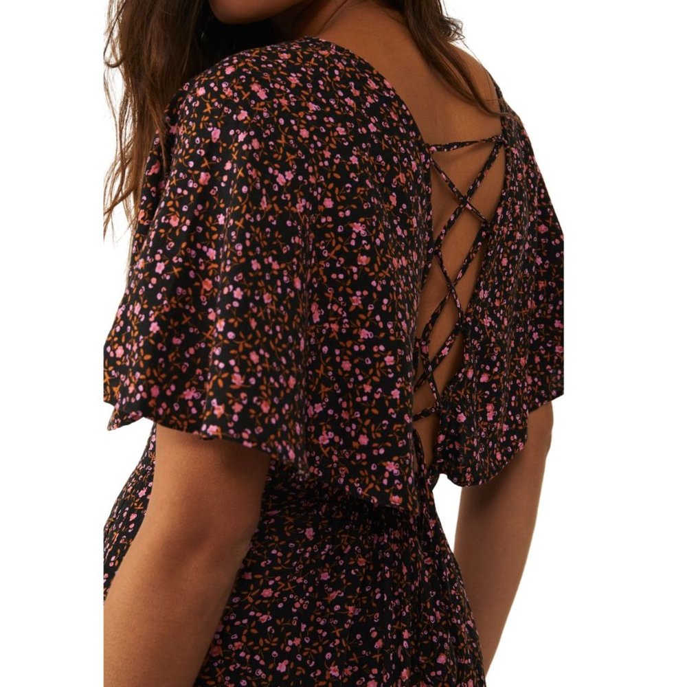 NEW Free People Florence Mini Dress Floral Lace Up Smocked Evening Combo Black - Picture 6 of 12